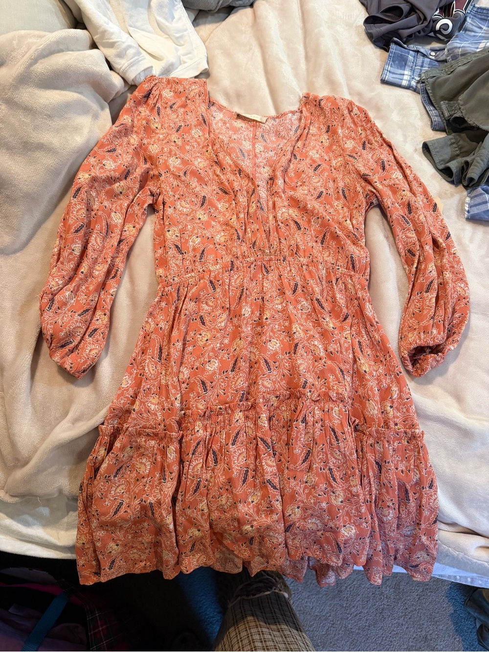 Altar'd State Coral Paisley Tiered Long-Sleeve Dress